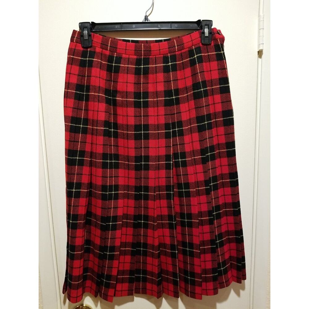 Vintage Pendleton Pleated Below‎ Knee Skirt Womens Size 14P Plaid Red Black Wool - Picture 2 of 8